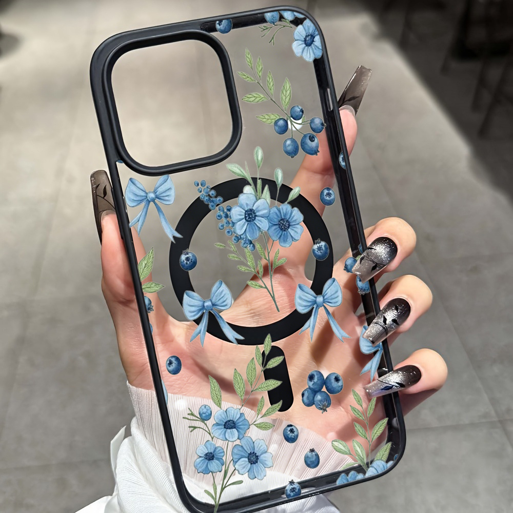 Phone Cases Transparent - حافظة شفافة بنقشة زهور التوت الأزرق